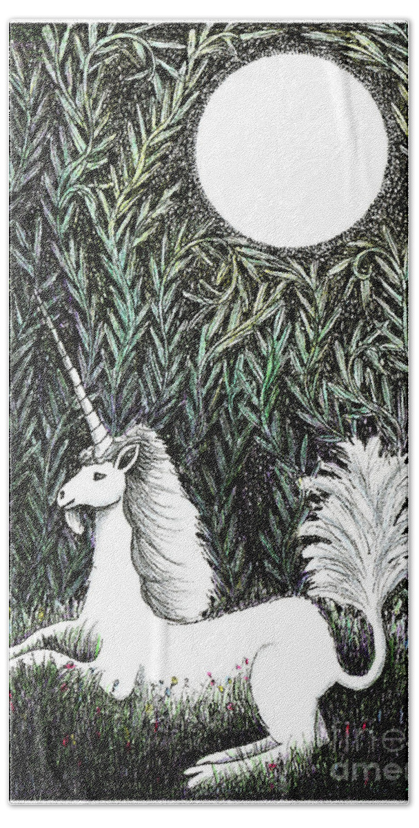 Lise Winne Bath Towel featuring the drawing Unicorn in Moonlight by Lise Winne
