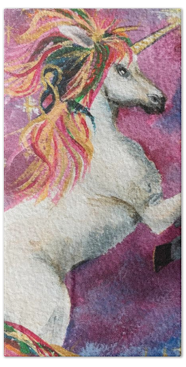 Unicorn Hand Towel featuring the painting Unicorn Magic by Deborah Naves