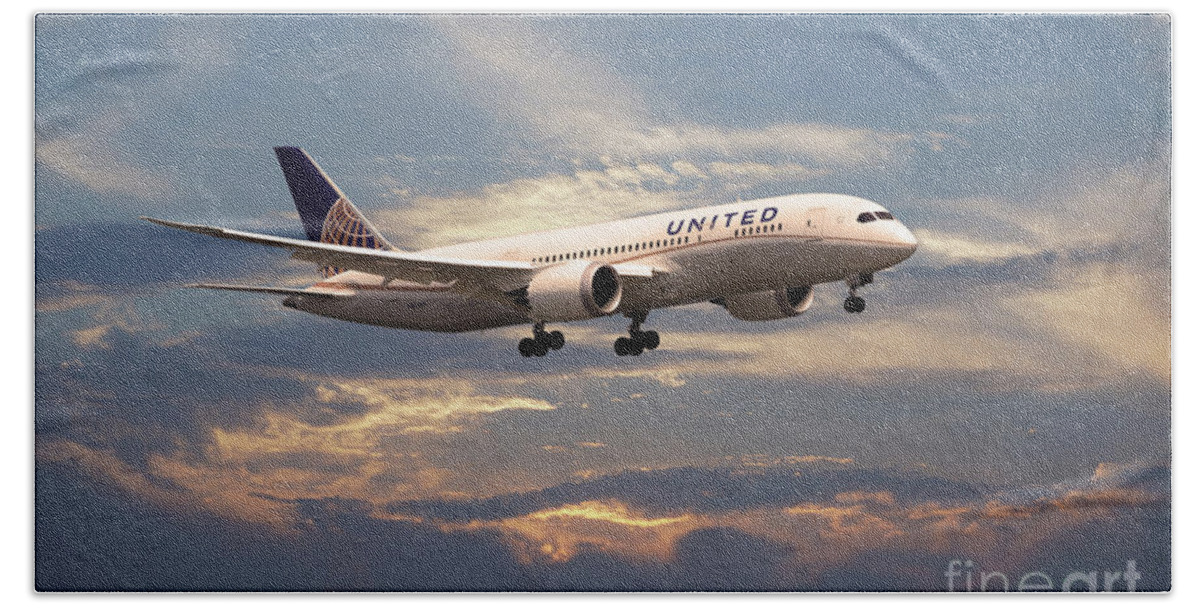 United Airlines Bath Towel featuring the digital art United Airlines B787-8 Dreamliner N26906 by Airpower Art