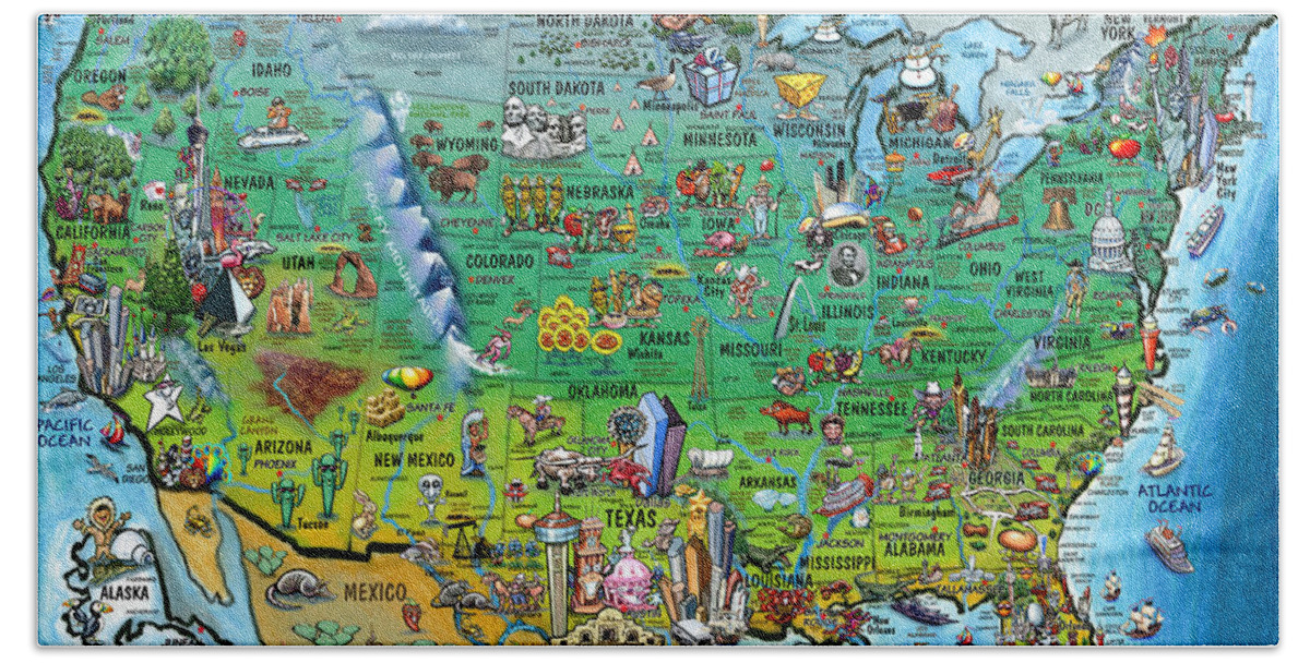 Usa Bath Towel featuring the digital art United States of America Fun Map by Kevin Middleton