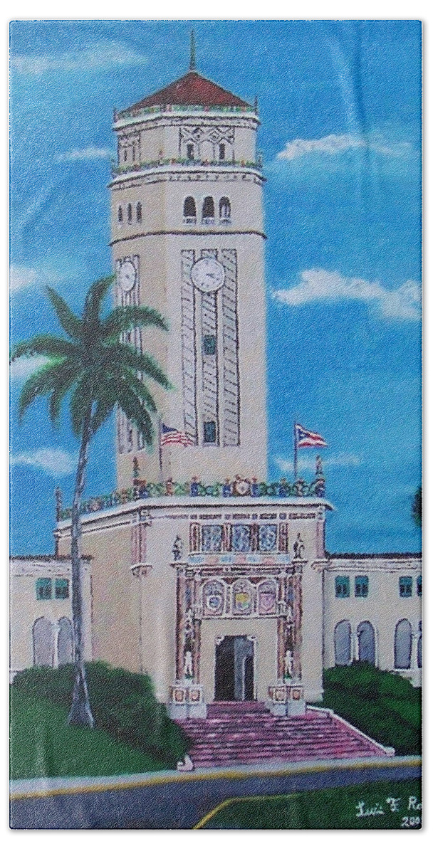 Rio Piedras Hand Towel featuring the painting University of Puerto Rico Tower by Luis F Rodriguez