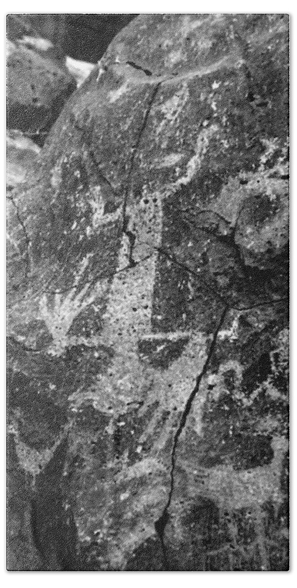 Petroglyphs Hand Towel featuring the photograph Upside Down Man b/w by Glory Ann Penington