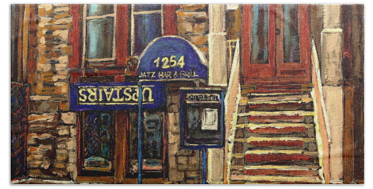 Upstairs Bar And Grill Hand Towel featuring the painting Upstairs Jazz Bar And Grill Montreal by Carole Spandau