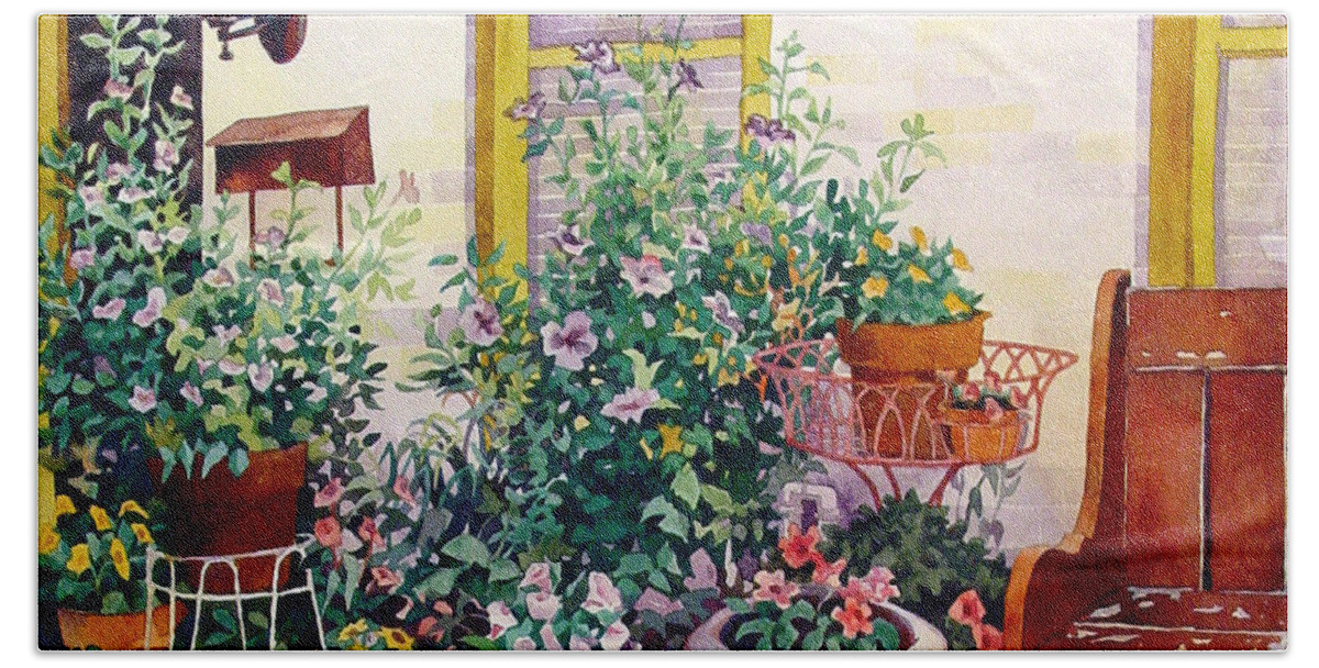 #watercolor #watercolorpainting #landscape #cityscape #frederickmd #artinfrederick #artist #garden #urbangarden Hand Towel featuring the painting Urban Garden by Mick Williams