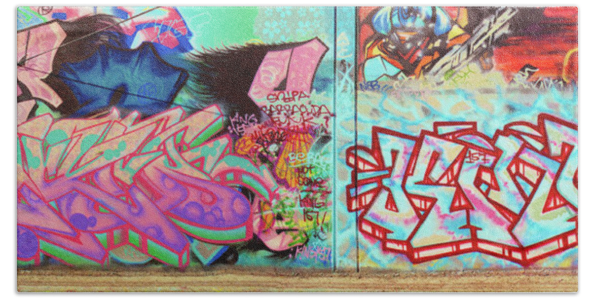 Graffiti Art Bath Towel featuring the photograph Urban Graffiti Art Panorama1, North 11th Street, San Jose 1990 by Kathy Anselmo
