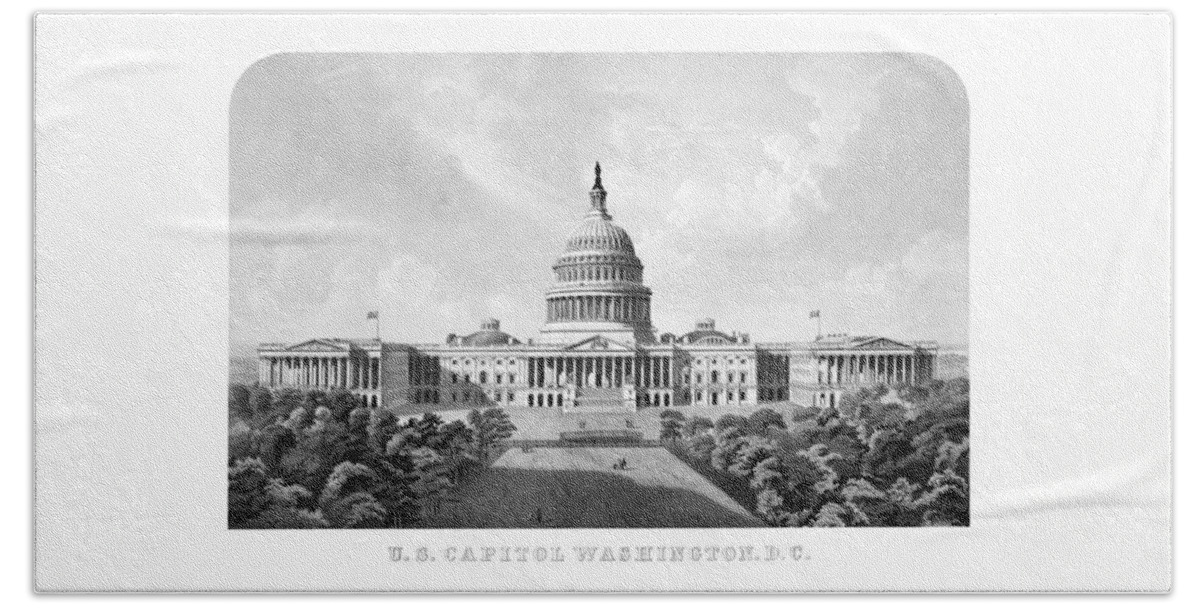 Capitol Bath Towel featuring the mixed media US Capitol Building - Washington DC by War Is Hell Store