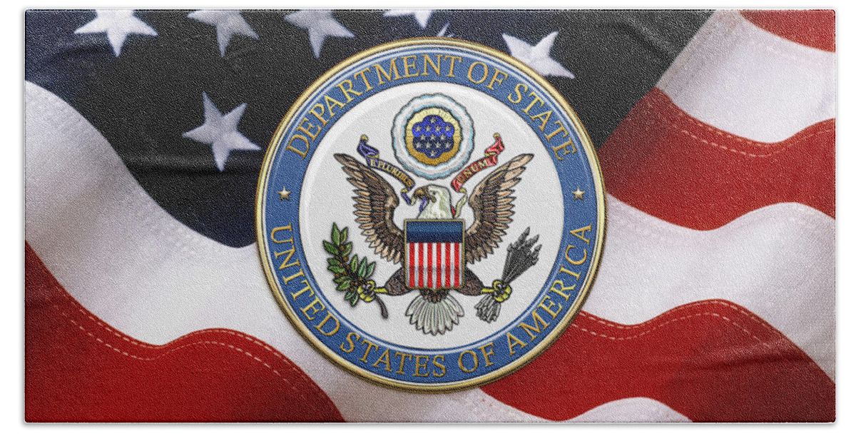 'military Insignia & Heraldry 3d' Collection By Serge Averbukh Bath Towel featuring the digital art U. S. Department of State - D o S Emblem over American Flag by Serge Averbukh