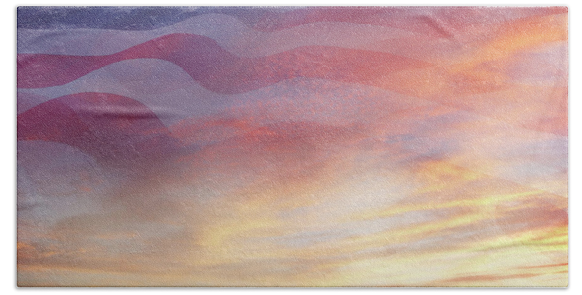 American Flag Bath Towel featuring the digital art U.S. flag in sky 1 by Les Cunliffe