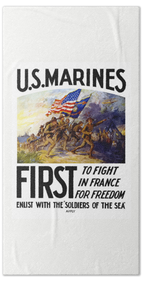 Marines Hand Towel featuring the painting US Marines - First To Fight In France by War Is Hell Store