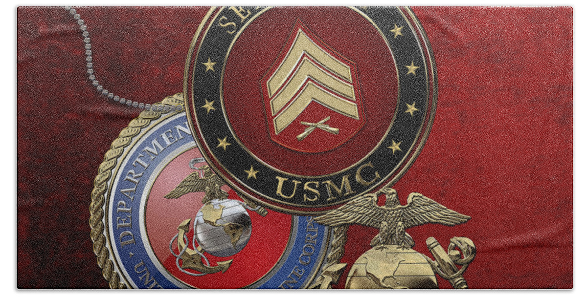 Military Insignia 3d By Serge Averbukh Bath Towel featuring the digital art U. S. Marines Sergeant - U S M C Sgt Rank Insignia over Red Velvet by Serge Averbukh