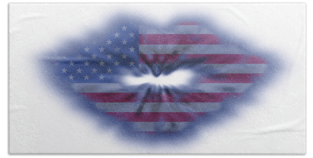 Abstract Hand Towel featuring the photograph USA flag lips by Simon Bratt