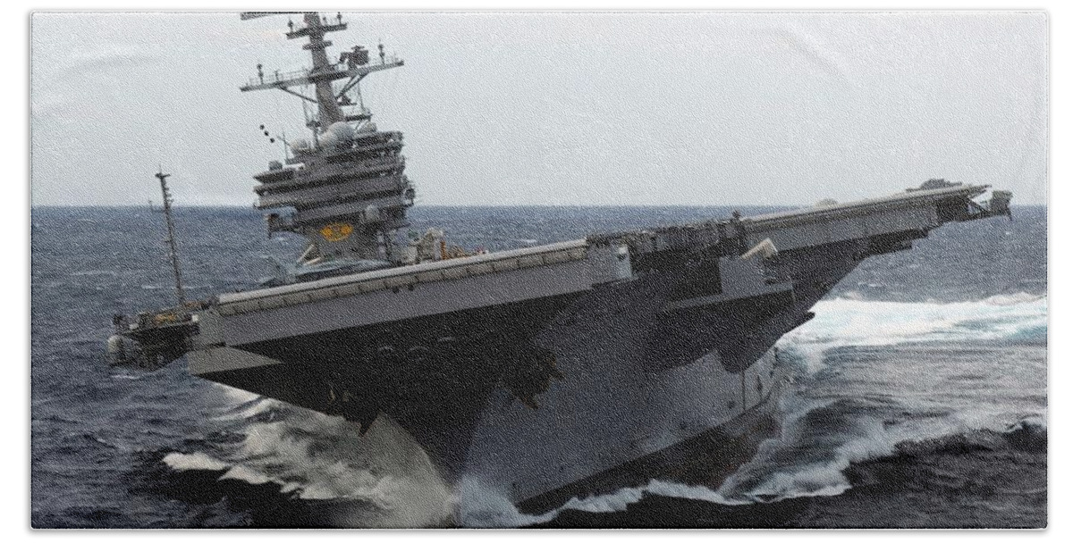 Uss George H.w. Bush (cvn-77) Hand Towel featuring the photograph USS George H.W. Bush by Jackie Russo
