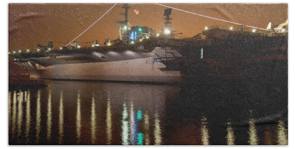 Uss Midway Landscape Night Photography Military Patriotic Long Exposure Hand Towel featuring the photograph USS Midway by Kelly Wade