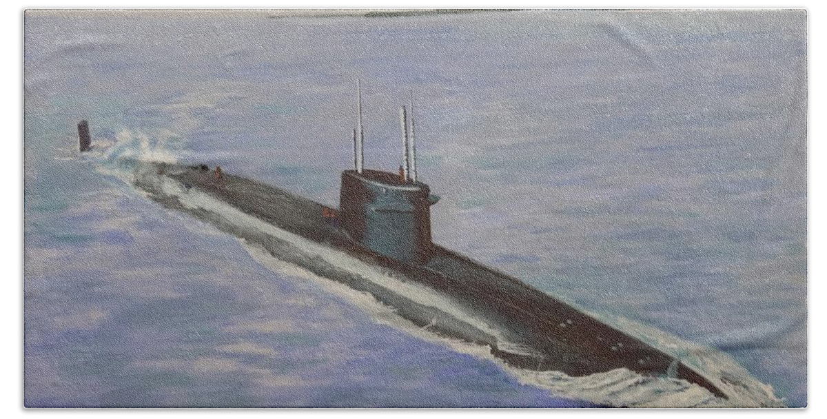Navy Bath Towel featuring the painting USS Nathan Hale by Mike Jenkins