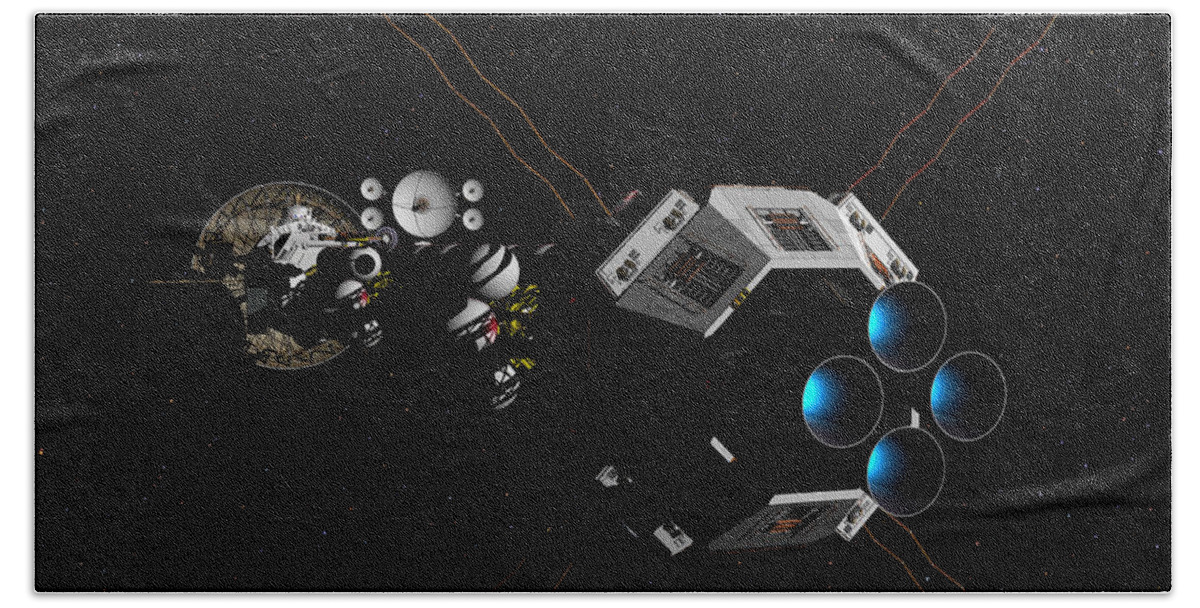 Spaceship Hand Towel featuring the digital art USS Savannah in deep space by David Robinson