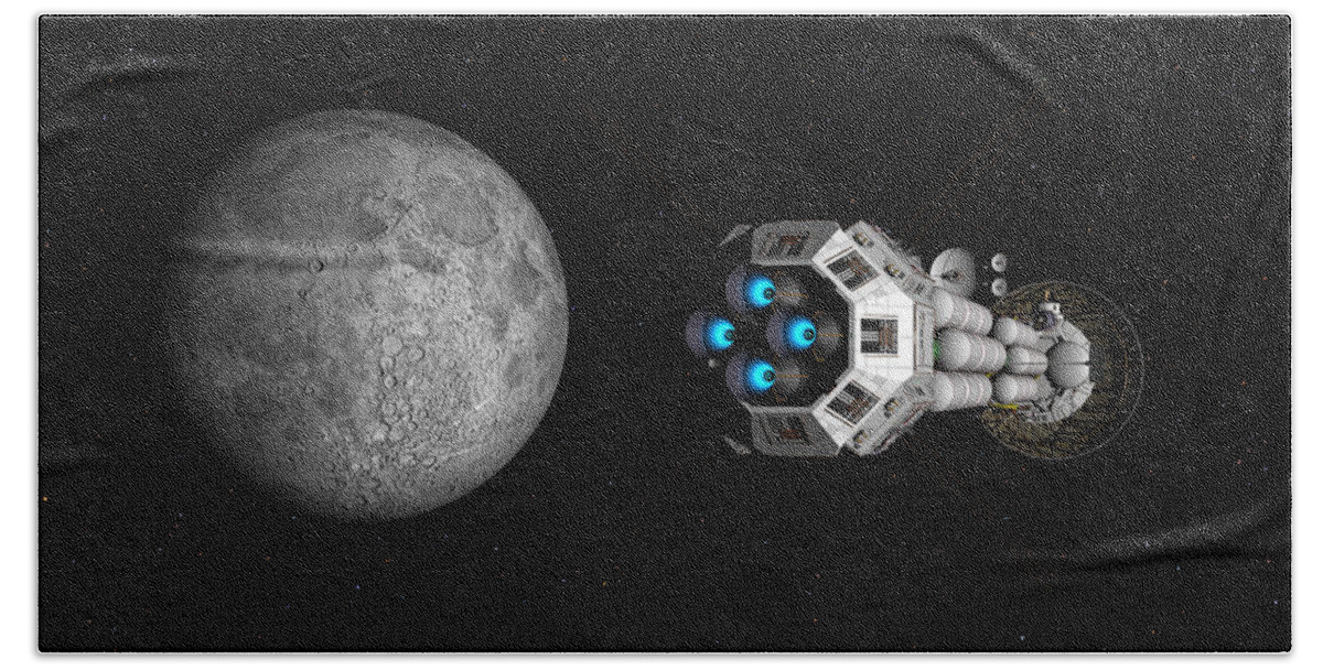 Spaceship Hand Towel featuring the digital art USS Savannah passing earth's moon by David Robinson