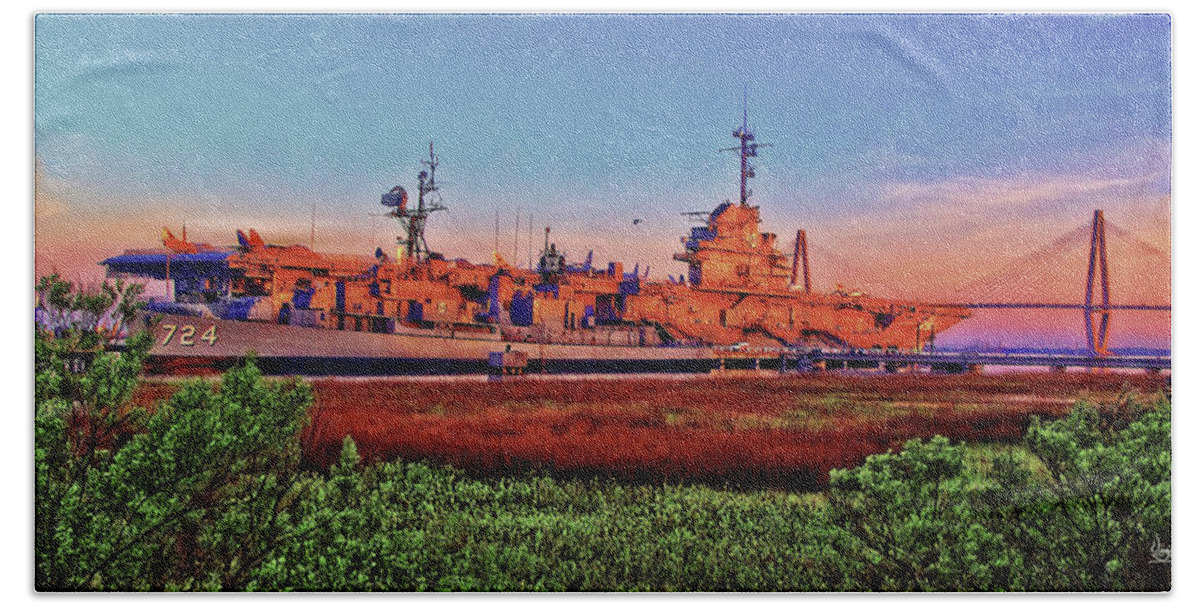 Early Morning Sunrise Hand Towel featuring the painting Uss York Town by Virginia Bond