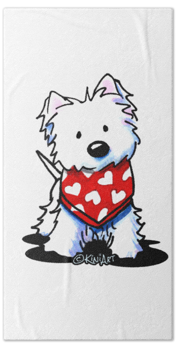 Westie Hand Towel featuring the drawing Valentine Westie by Kim Niles aka KiniArt