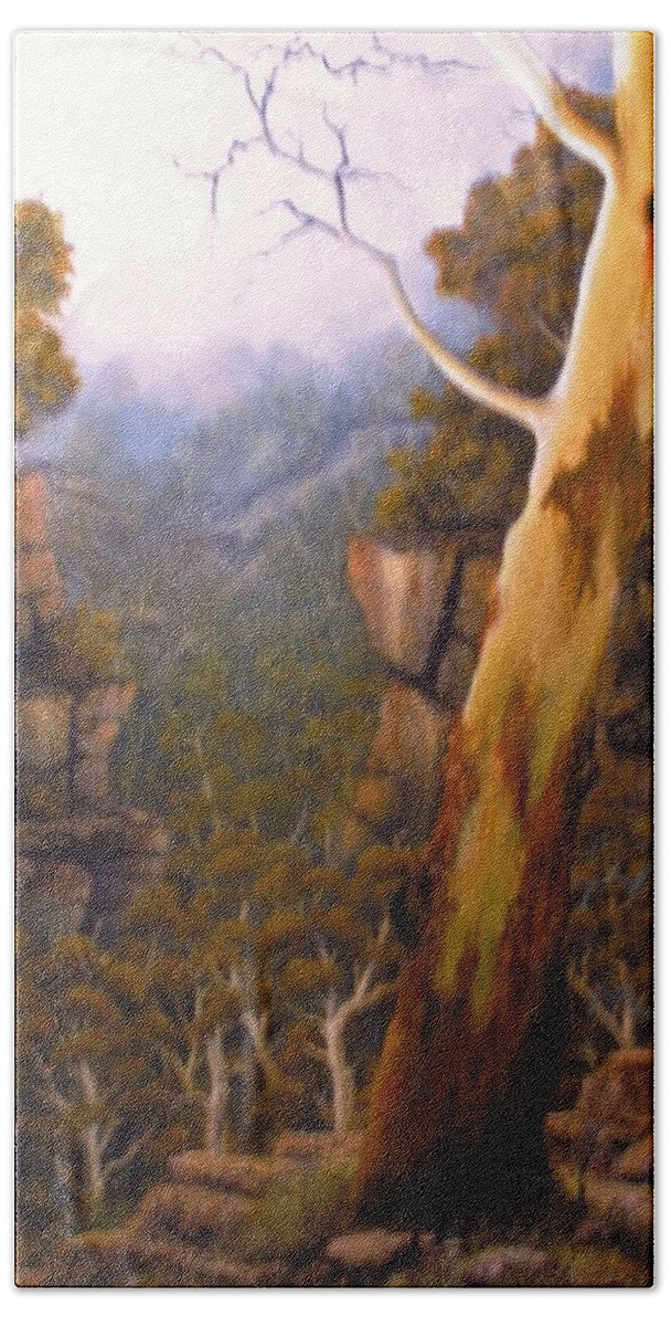 Gumtree Oil Painting Bath Towel featuring the painting Valley Morning Dew by John Cocoris