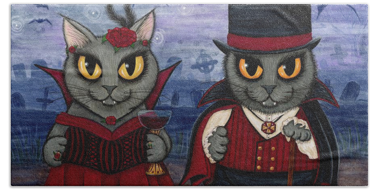 Grey Cat Hand Towel featuring the painting Vampire Cat Couple by Carrie Hawks