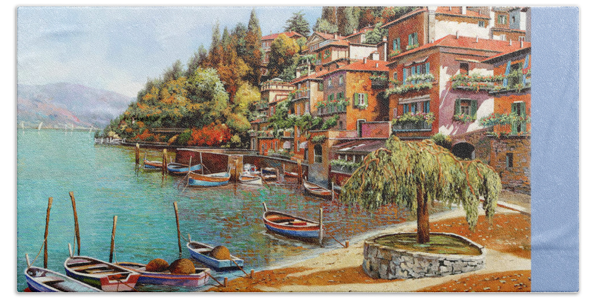 Lake Como Hand Towel featuring the painting Varenna sul lago di como by Guido Borelli
