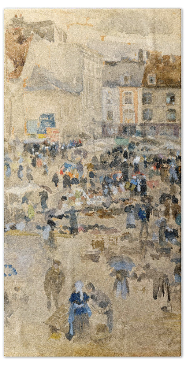 James Abbott Mcneill Whistler Bath Towel featuring the drawing Variations in Violet and Grey-Market Place. Dieppe by James Abbott McNeill Whistler