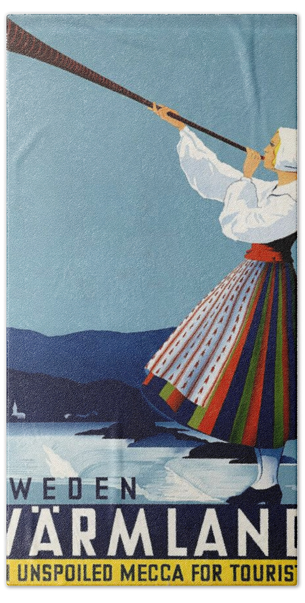 Varmland Hand Towel featuring the mixed media Varmland, Sweden - Lady in Traditional Dress Blowing Horn - Retro travel Poster - Vintage Poster by Studio Grafiikka