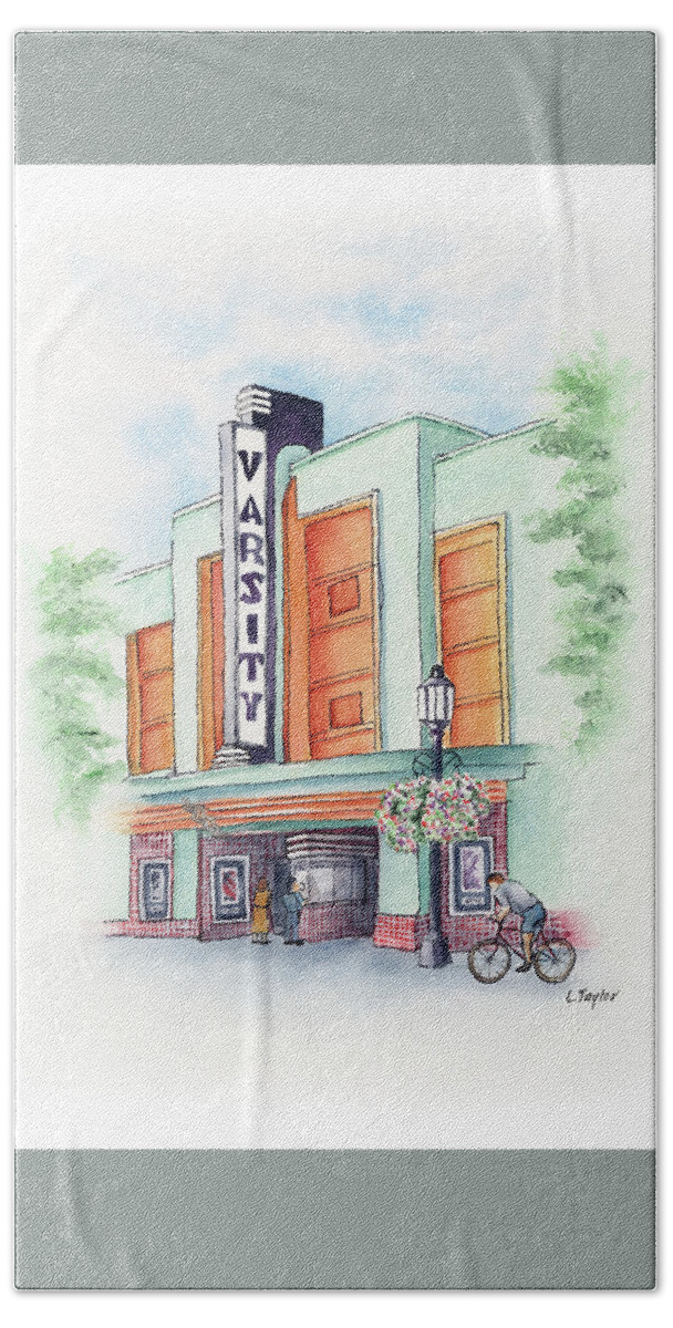 Old Theater Hand Towel featuring the painting Varsity on Main by Lori Taylor