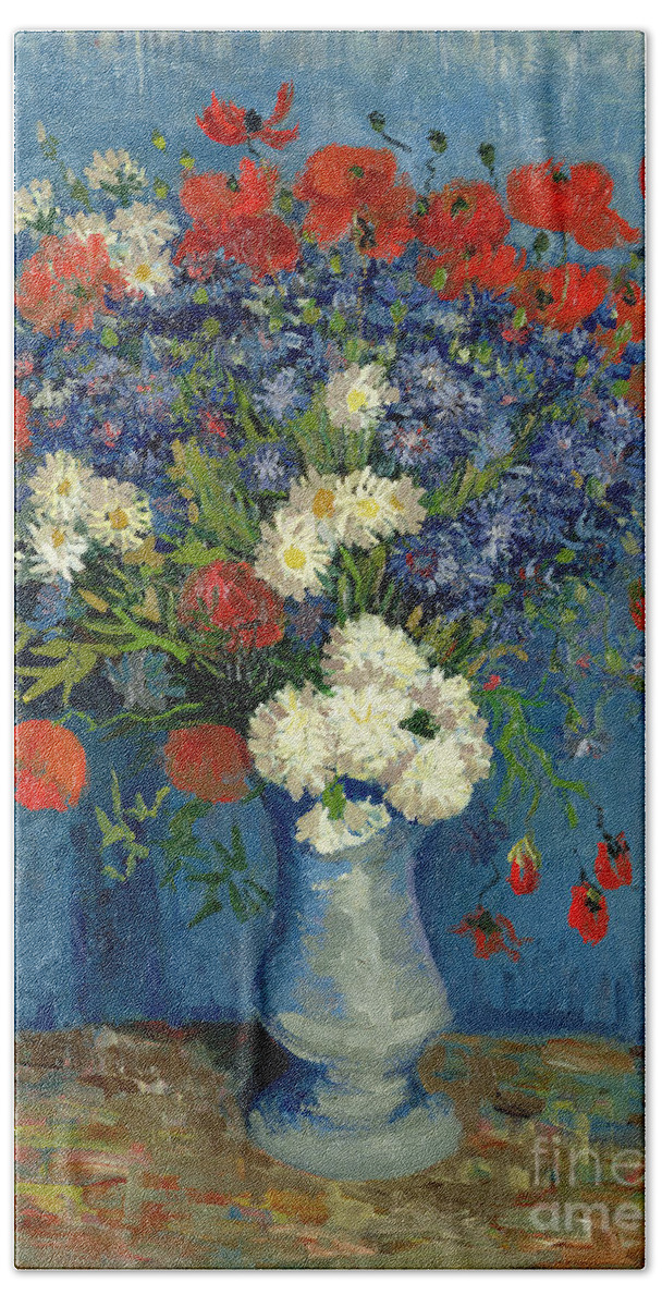 Still Hand Towel featuring the painting Vase with Cornflowers and Poppies by Vincent Van Gogh