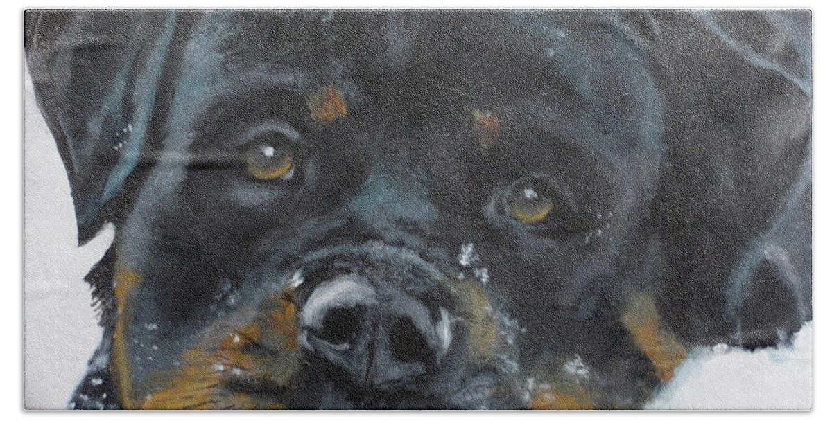 Rottie Hand Towel featuring the painting Vator by Carol Russell