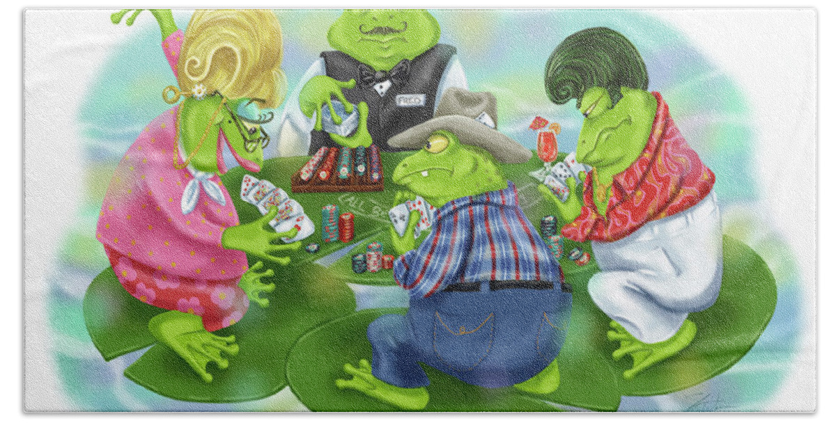 Frogs Hand Towel featuring the mixed media Vegas Frogs Playing Poker by Shari Warren