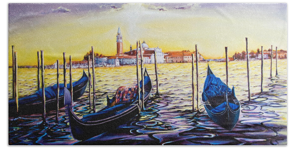 Venice Bath Towel featuring the painting Venetian gondolas by Michelangelo Rossi