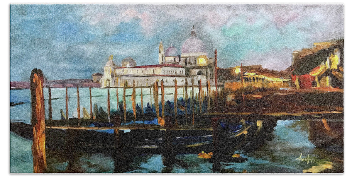 Theartistjosef Hand Towel featuring the painting Venetian Twilight by Josef Kelly