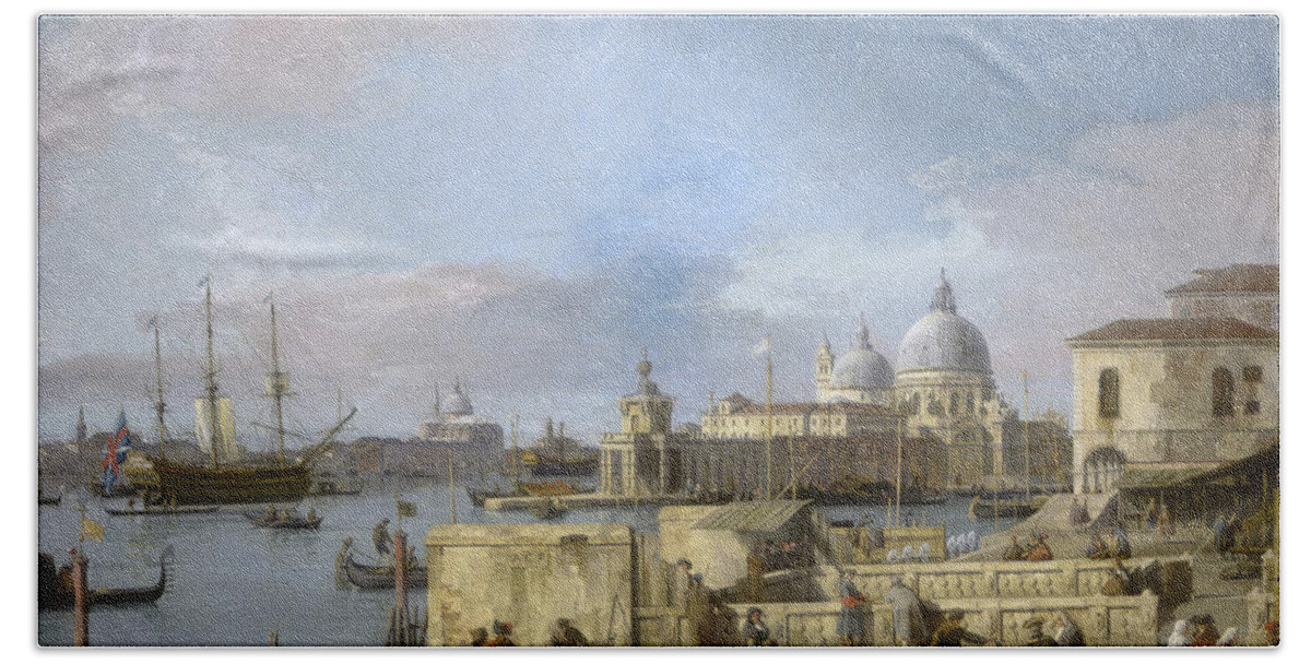 Entrance To The Grand Canal From The Molo Bath Towel featuring the painting Venice by Canaletto by MotionAge Designs