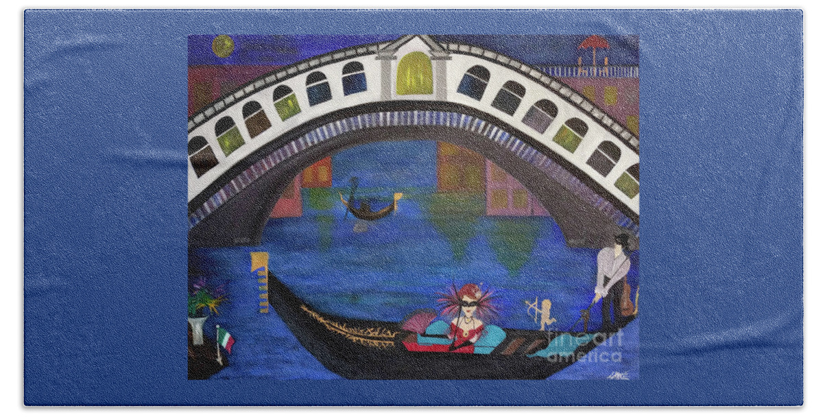 Gondola Bath Towel featuring the painting Venice Gondola By Night by Artist Linda Marie
