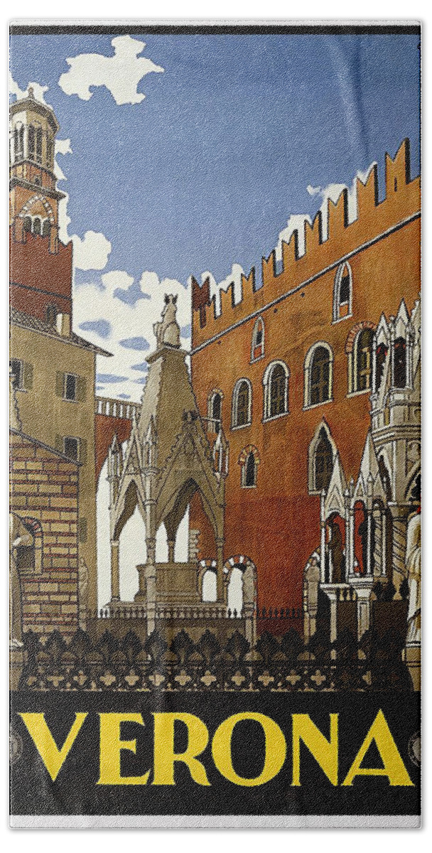 Verona Hand Towel featuring the painting Verona, Medieval town, Italy, travel poster by Long Shot
