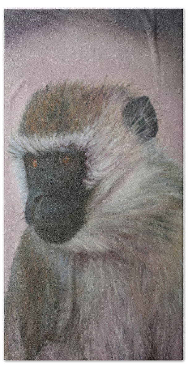 Vervet; Contemplation; Wild Animal; Fur Bath Towel featuring the painting Vervet by Marg Wolf