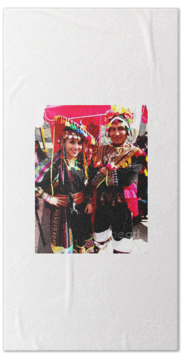 Latin Dancers Hand Towel featuring the painting Very Proud Bolivian Dancers by Jayne Kerr