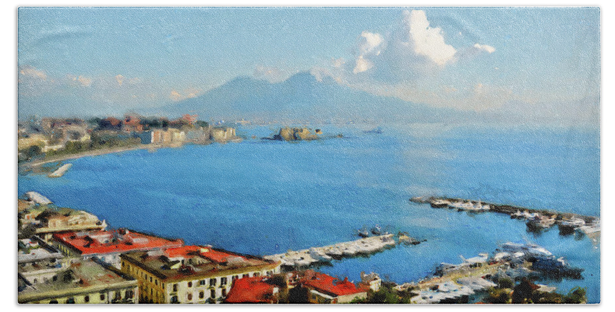 Gulf Of Naples Bath Towel featuring the painting Vesuvio, panorama from Naples - 02 by AM FineArtPrints
