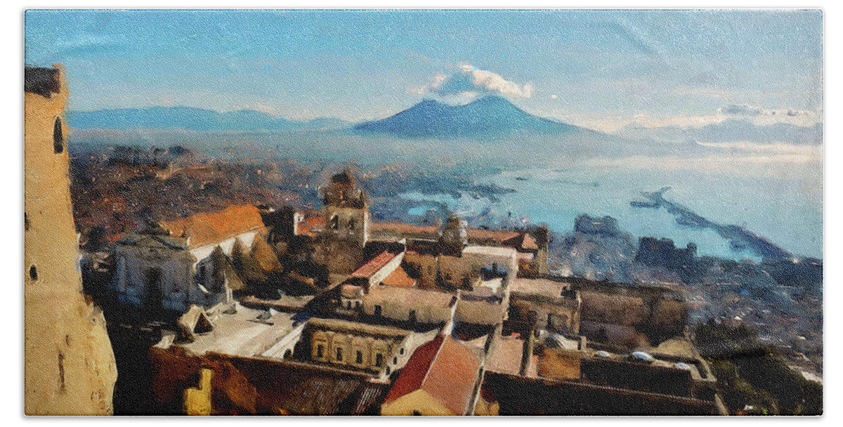 Gulf Of Naples Bath Towel featuring the painting Vesuvio, panorama from Naples - 03 by AM FineArtPrints
