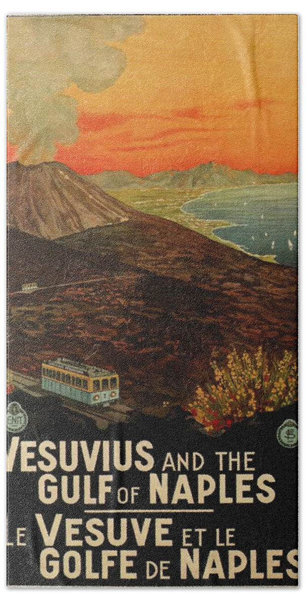 Vesuvius Hand Towel featuring the mixed media Vesuvius and the Gulf of Naples, Italy - Retro travel Poster - Vintage Poster by Studio Grafiikka