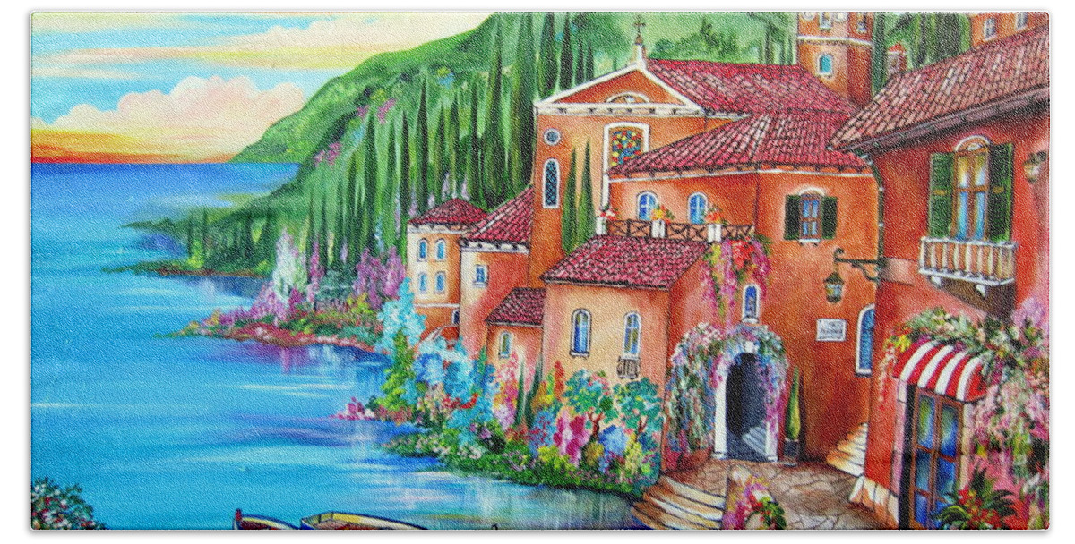 Village Bath Towel featuring the painting Via Positano by the lake by Roberto Gagliardi