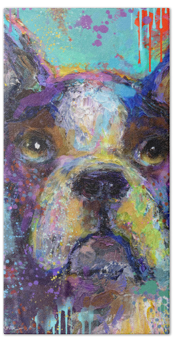 Boston Terrier Hand Towel featuring the painting Vibrant Whimsical Boston Terrier Puppy dog painting by Svetlana Novikova