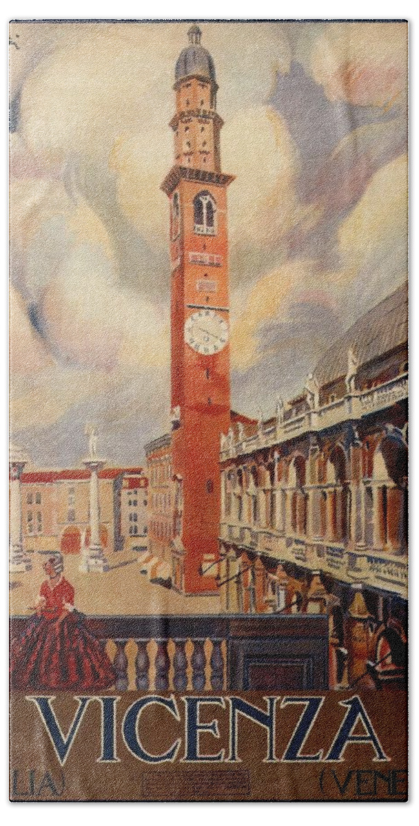 Vicenza Hand Towel featuring the mixed media Vicenza, Italia - campanile in the Piazza dei Signori - Retro travel Poster - Vintage Poster by Studio Grafiikka