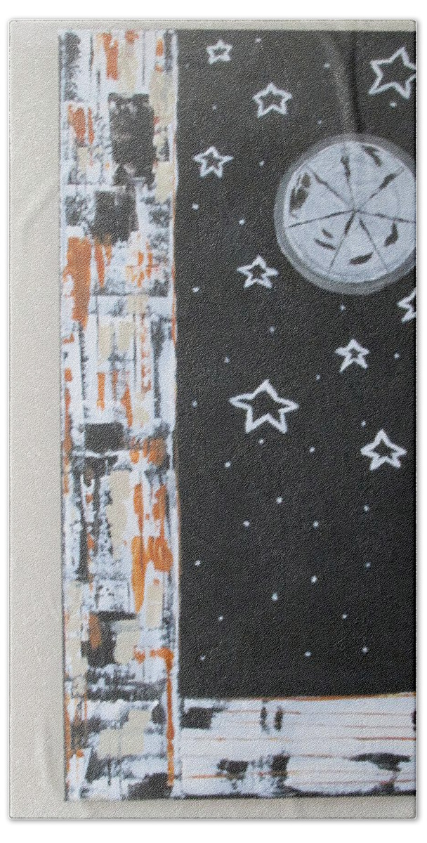 Abstract Moon Barnsiding Barns Rustic Cosmic Stars Hayloft Black White Silver Rust Sand Hand Towel featuring the painting View From The Hayloft by Sharyn Winters