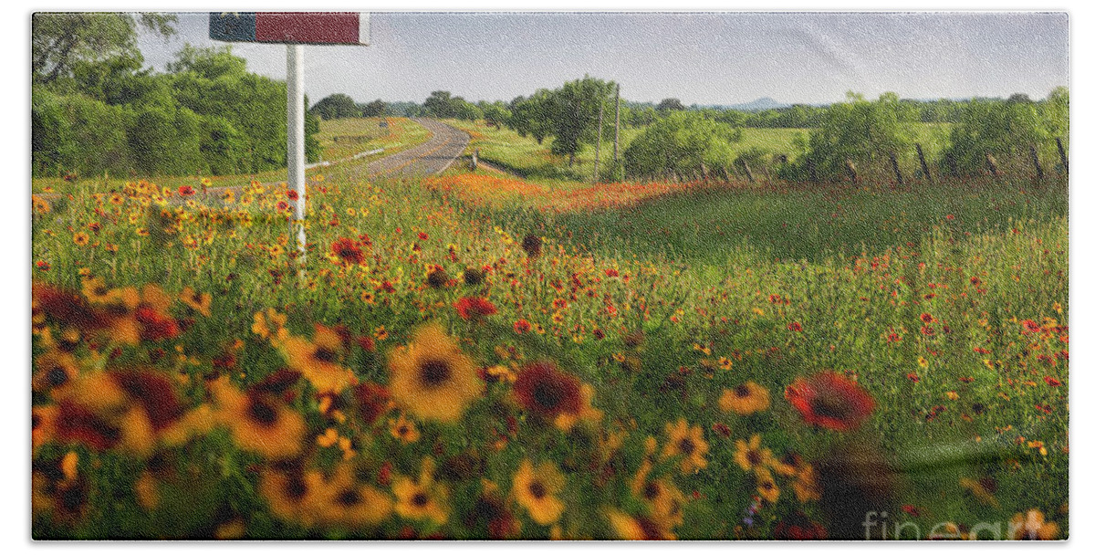 Mailbox Bath Towel featuring the photograph View of a Rustic Texas flag mailbox on colorful wildflower backg by Dan Herron