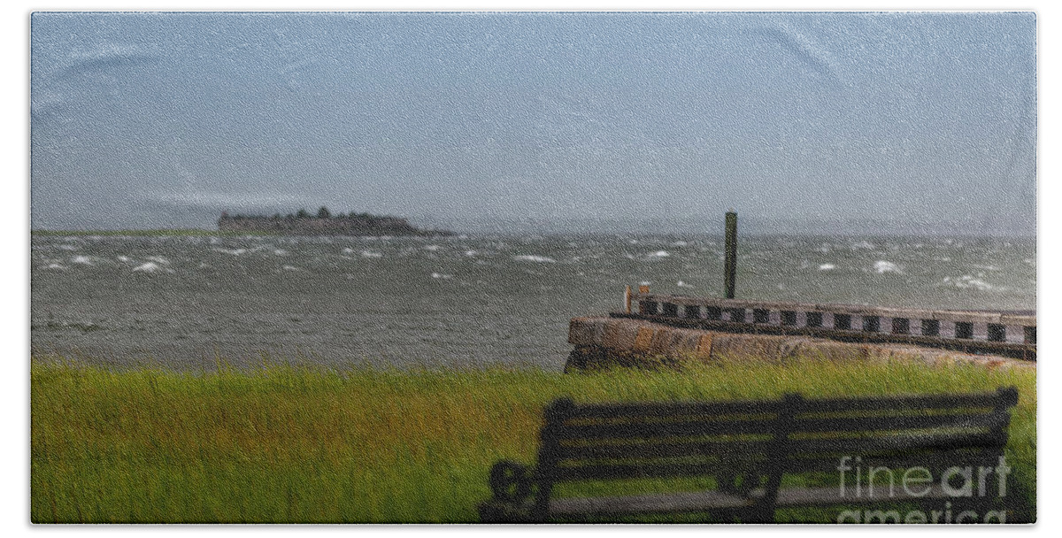 Charleston Harbor Bath Towel featuring the photograph View of Castle Pinckney during Tropical Storm Hermine by Dale Powell