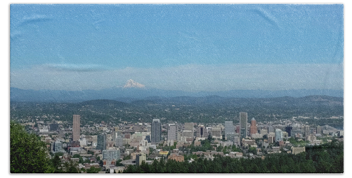 Downtown Hand Towel featuring the photograph View of downtown Portland Oregon from Pittock Mansion by Robert Bellomy