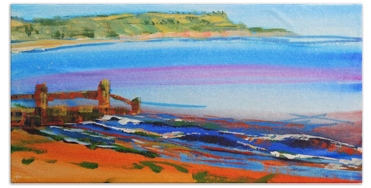 Dawlish Warren Bath Towel featuring the painting View of Exmouth from Dawlish Warren beach by Mike Jory