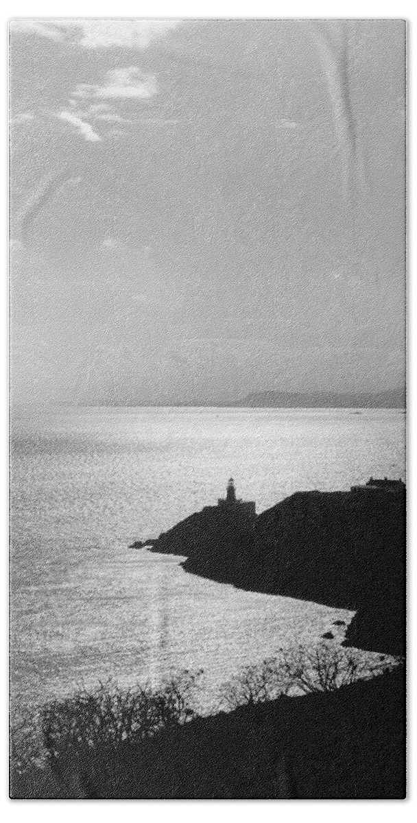 Baily Lighthouse Hand Towel featuring the photograph View of Howth Head with the Baily Lighthouse in black and white by Semmick Photo